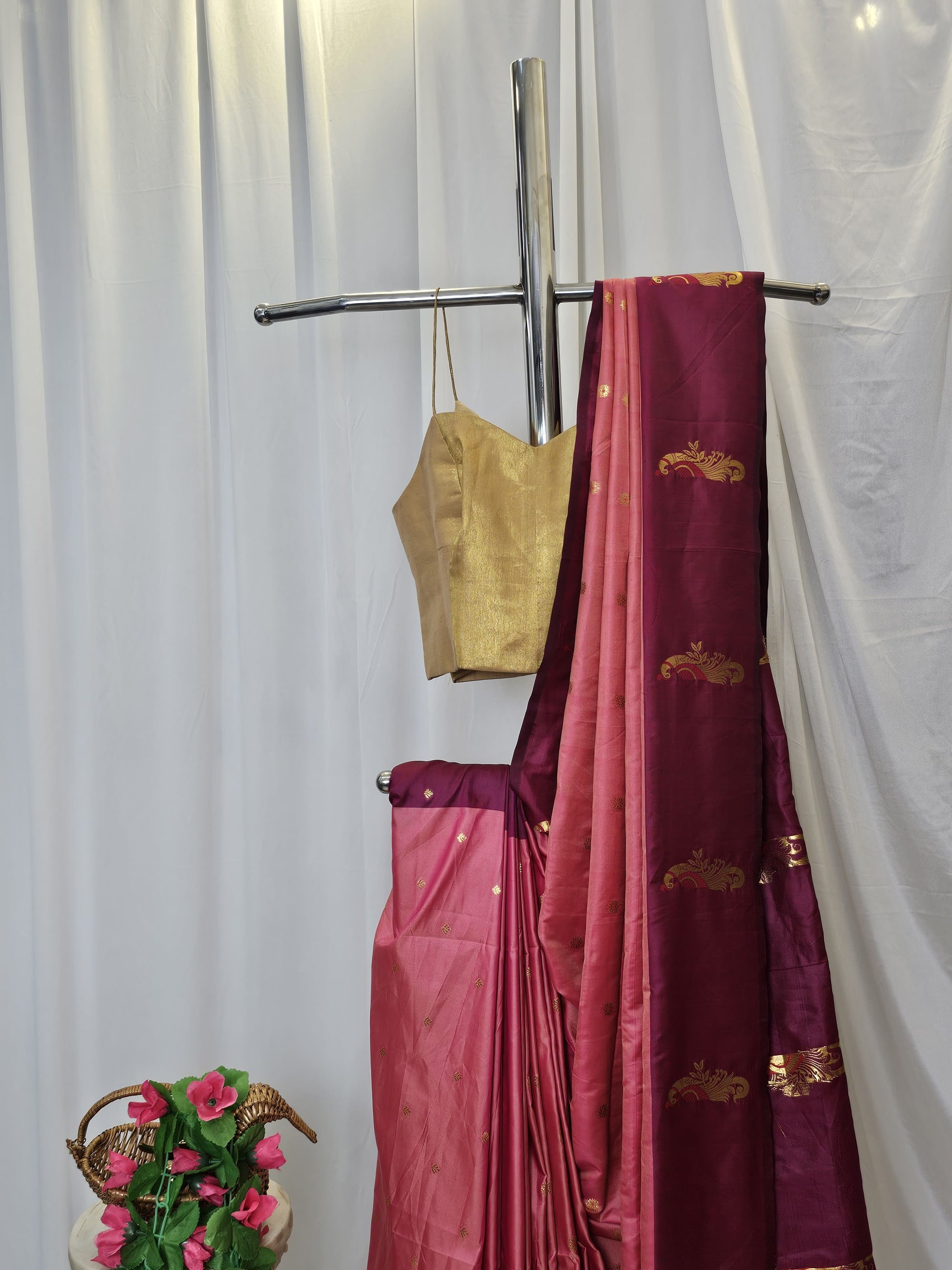 Coral Pink Soft-Silk Paithani Saree with Maroon Border, Gold Zari Open Border & Peacock Pallu Wedding & Festive Wear