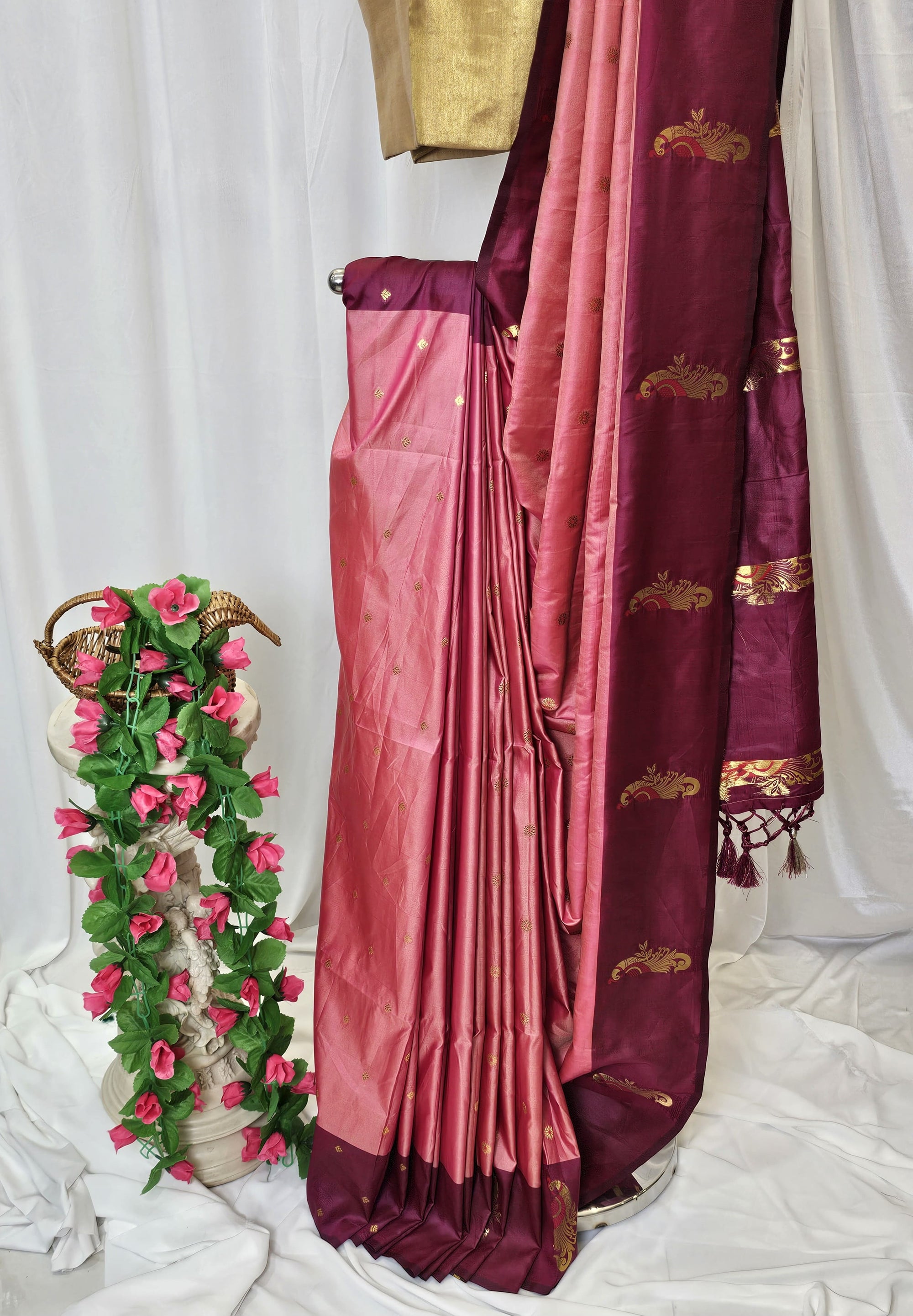 Coral Pink Soft-Silk Paithani Saree with Maroon Border, Gold Zari Open Border & Peacock Pallu Wedding & Festive Wear