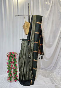 Olive Green Soft-Silk Paithani Saree with Dark Bottle Green Border, Gold Zari Open Border & Peacock Pallu  Wedding & Festive Wear