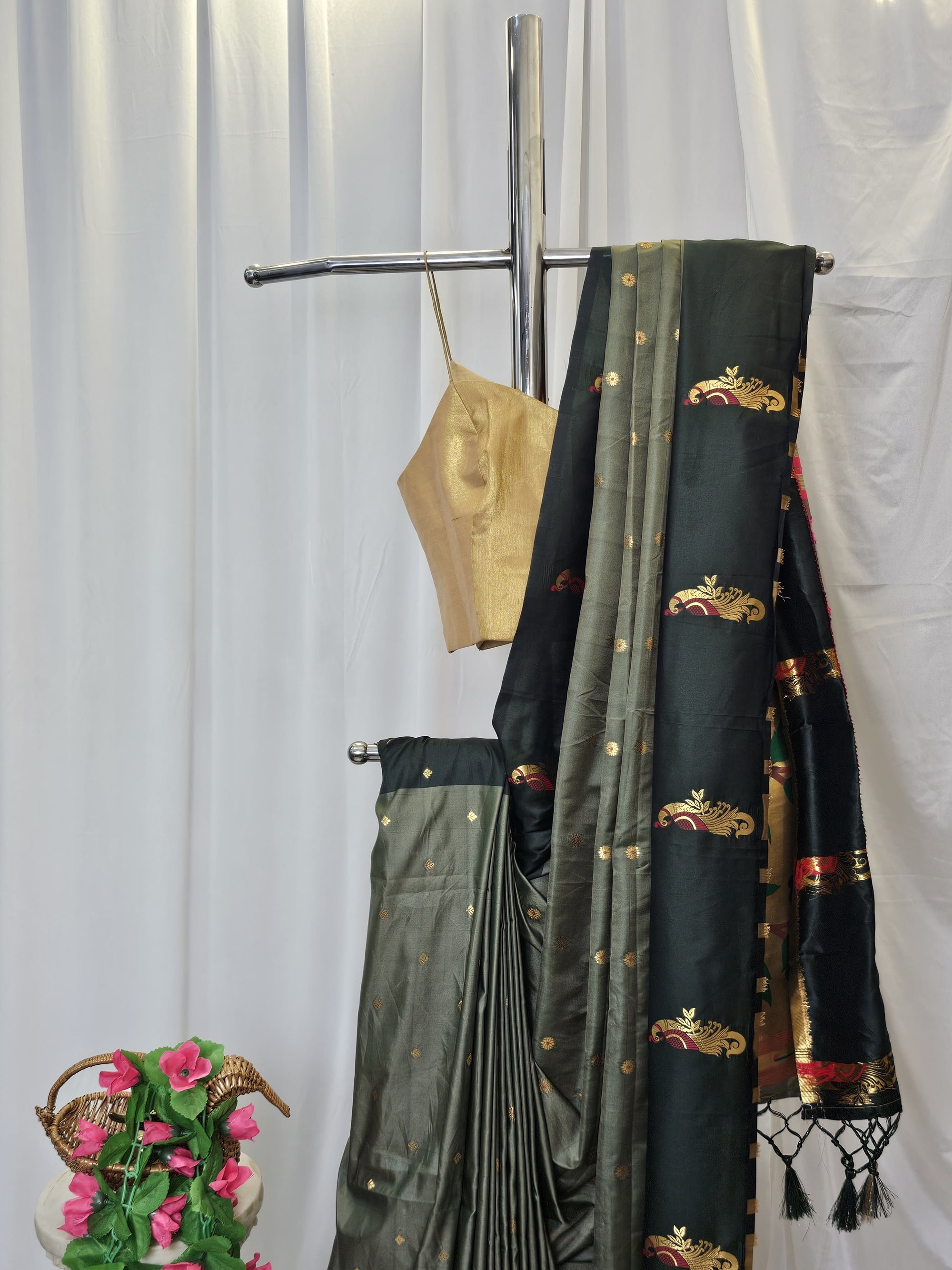 Olive Green Soft-Silk Paithani Saree with Dark Bottle Green Border, Gold Zari Open Border & Peacock Pallu  Wedding & Festive Wear