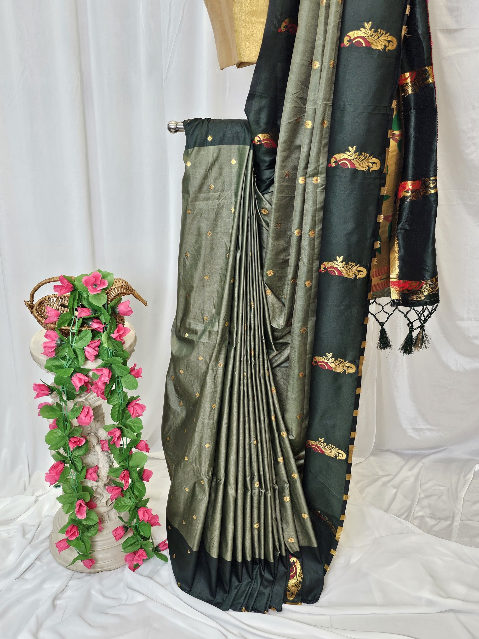 Olive Green Soft-Silk Paithani Saree with Dark Bottle Green Border, Gold Zari Open Border & Peacock Pallu  Wedding & Festive Wear