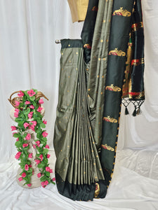 Olive Green Soft-Silk Paithani Saree with Dark Bottle Green Border, Gold Zari Open Border & Peacock Pallu  Wedding & Festive Wear