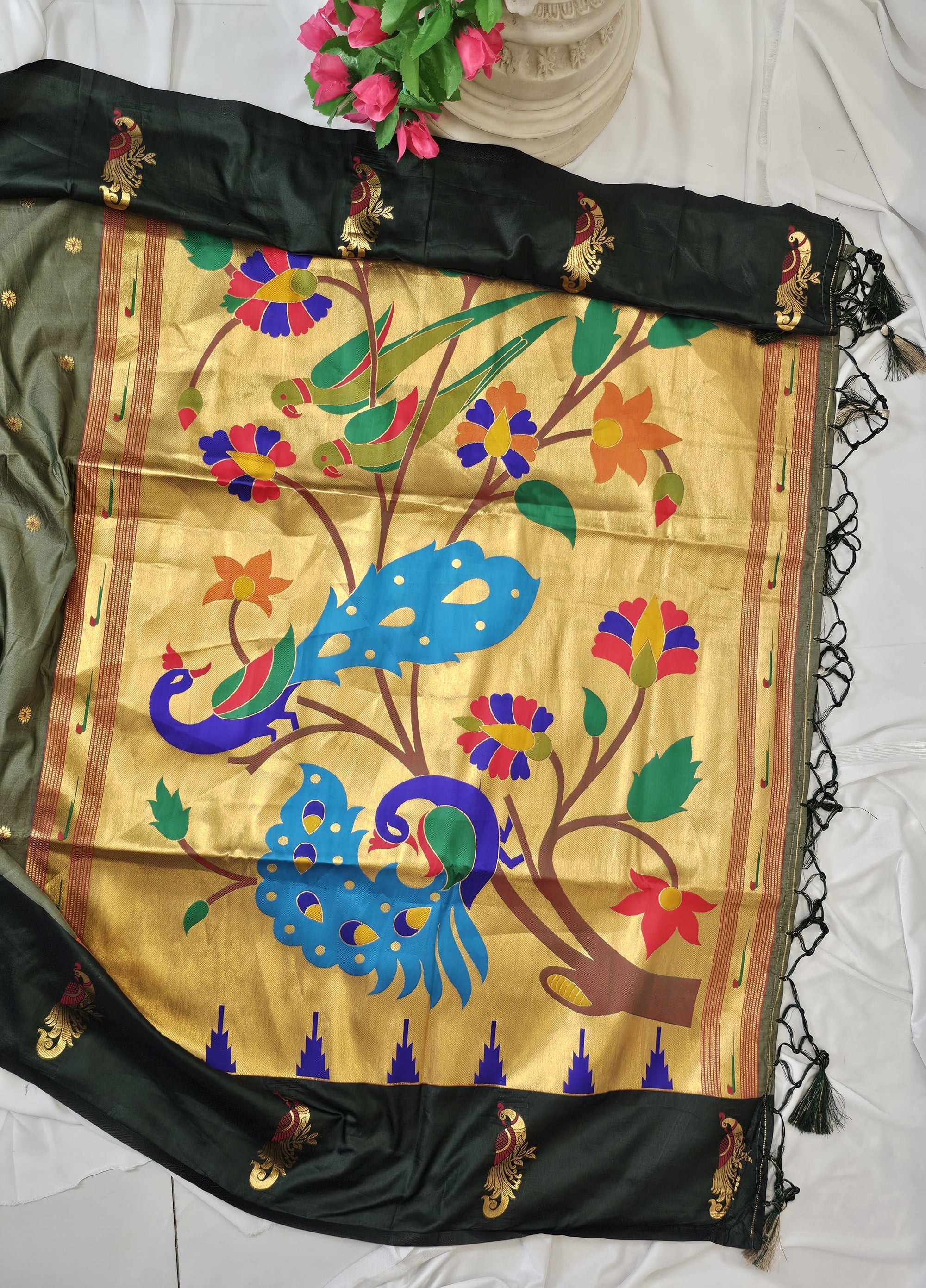 Olive Green Soft-Silk Paithani Saree with Dark Bottle Green Border, Gold Zari Open Border & Peacock Pallu  Wedding & Festive Wear