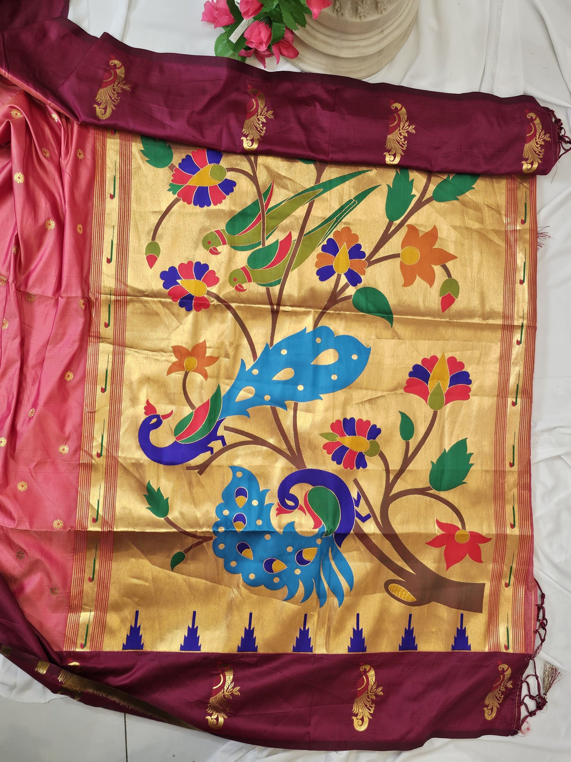 Coral Pink Soft-Silk Paithani Saree with Maroon Border, Gold Zari Open Border & Peacock Pallu Wedding & Festive Wear