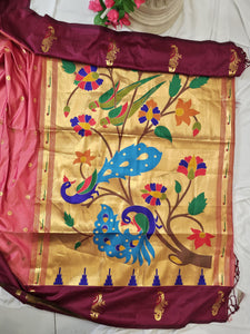 Coral Pink Soft-Silk Paithani Saree with Maroon Border, Gold Zari Open Border & Peacock Pallu Wedding & Festive Wear