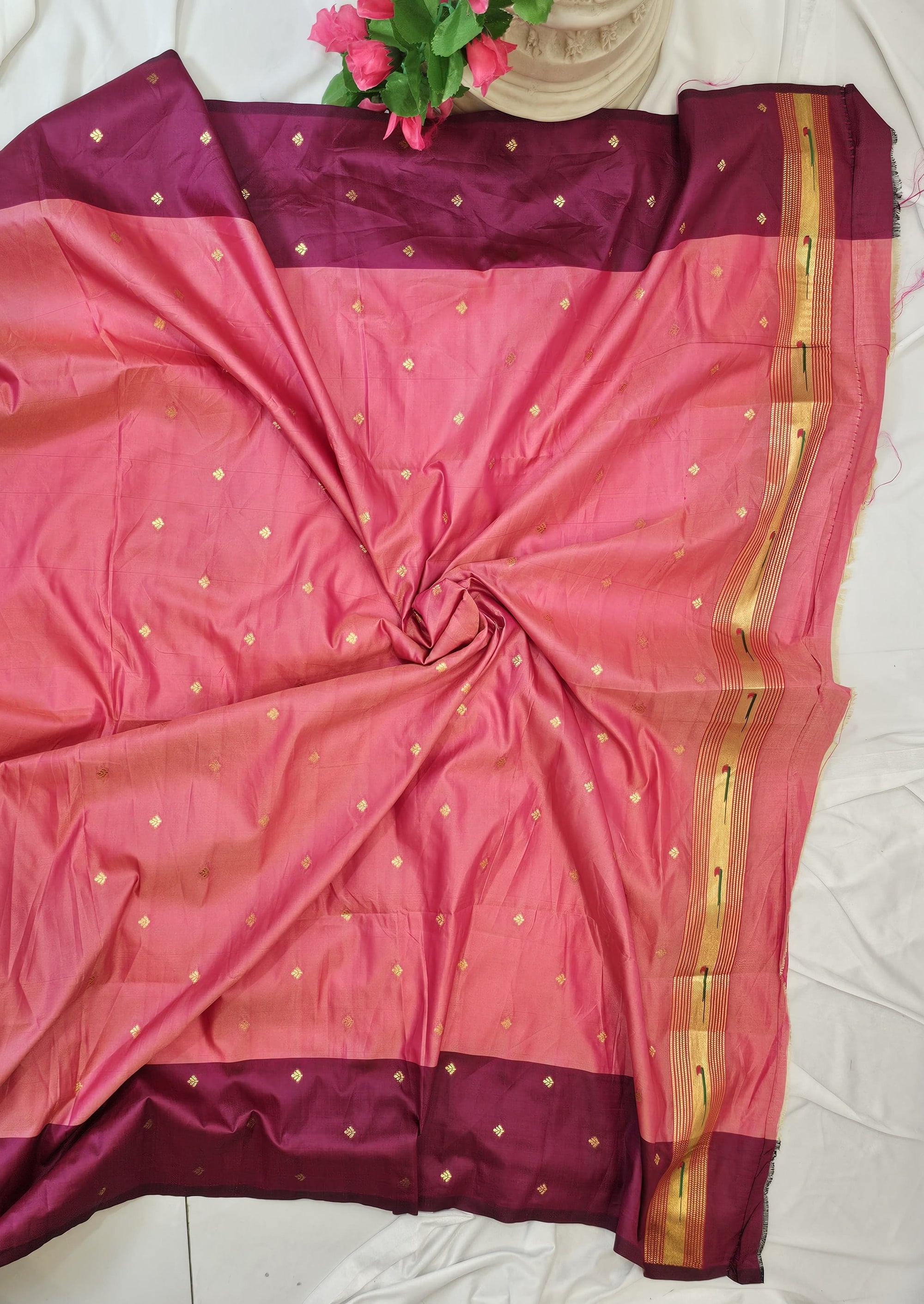 Coral Pink Soft-Silk Paithani Saree with Maroon Border, Gold Zari Open Border & Peacock Pallu Wedding & Festive Wear
