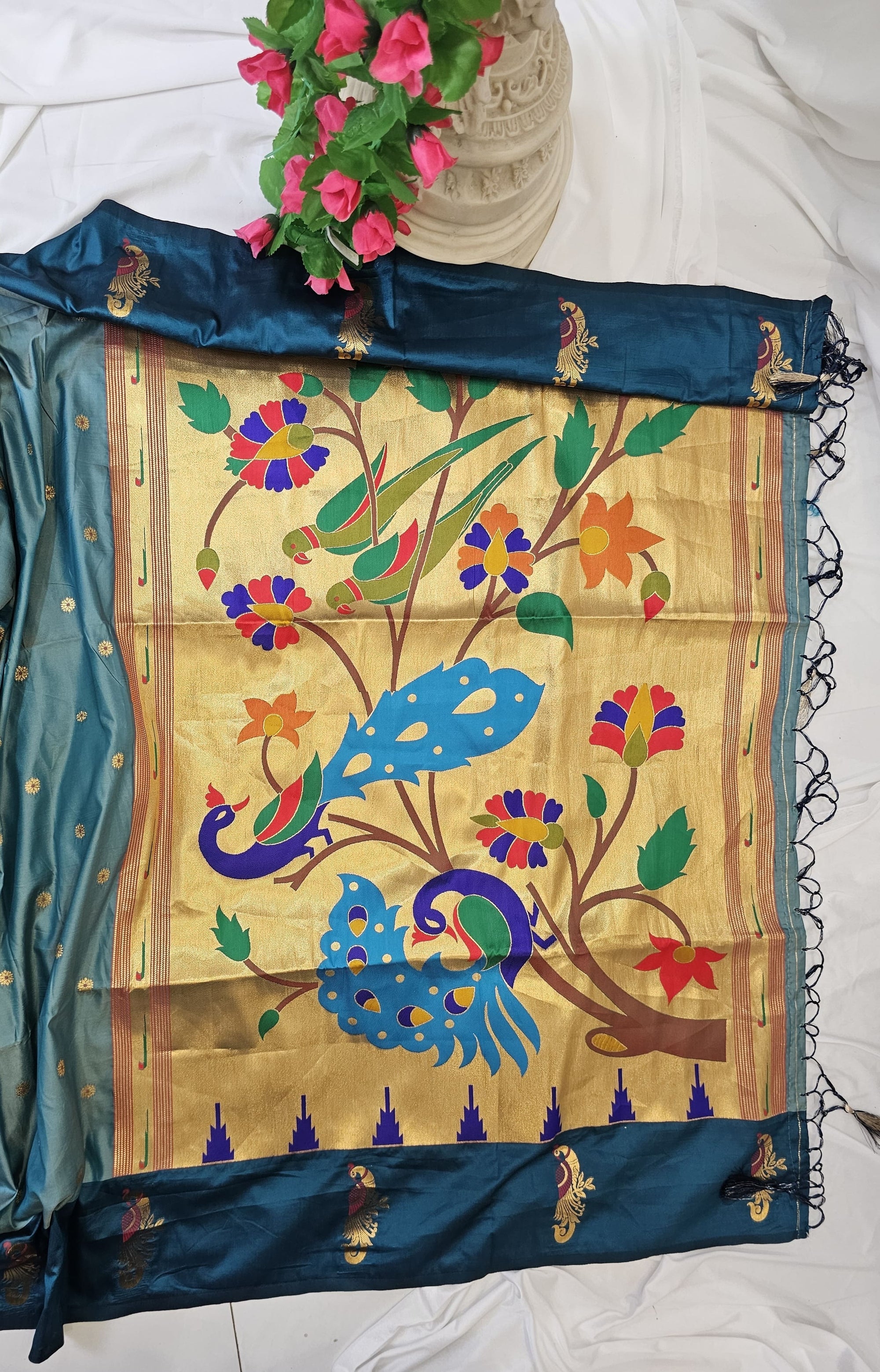 Sea Green Soft-Silk Paithani Saree with Teal Blue Border, Gold Zari Open Border & Peacock Pallu Wedding & Festive Wear