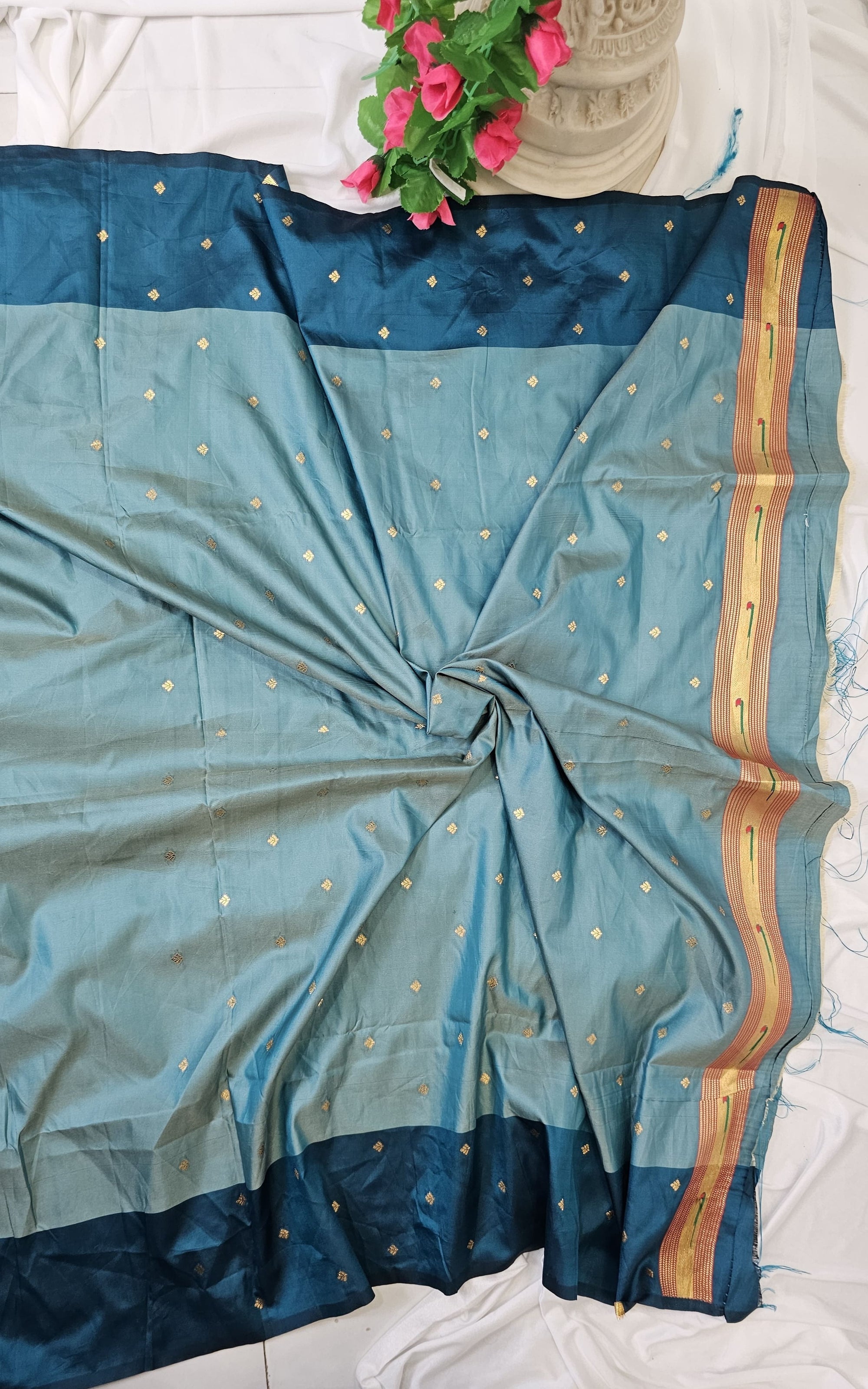 Sea Green Soft-Silk Paithani Saree with Teal Blue Border, Gold Zari Open Border & Peacock Pallu Wedding & Festive Wear