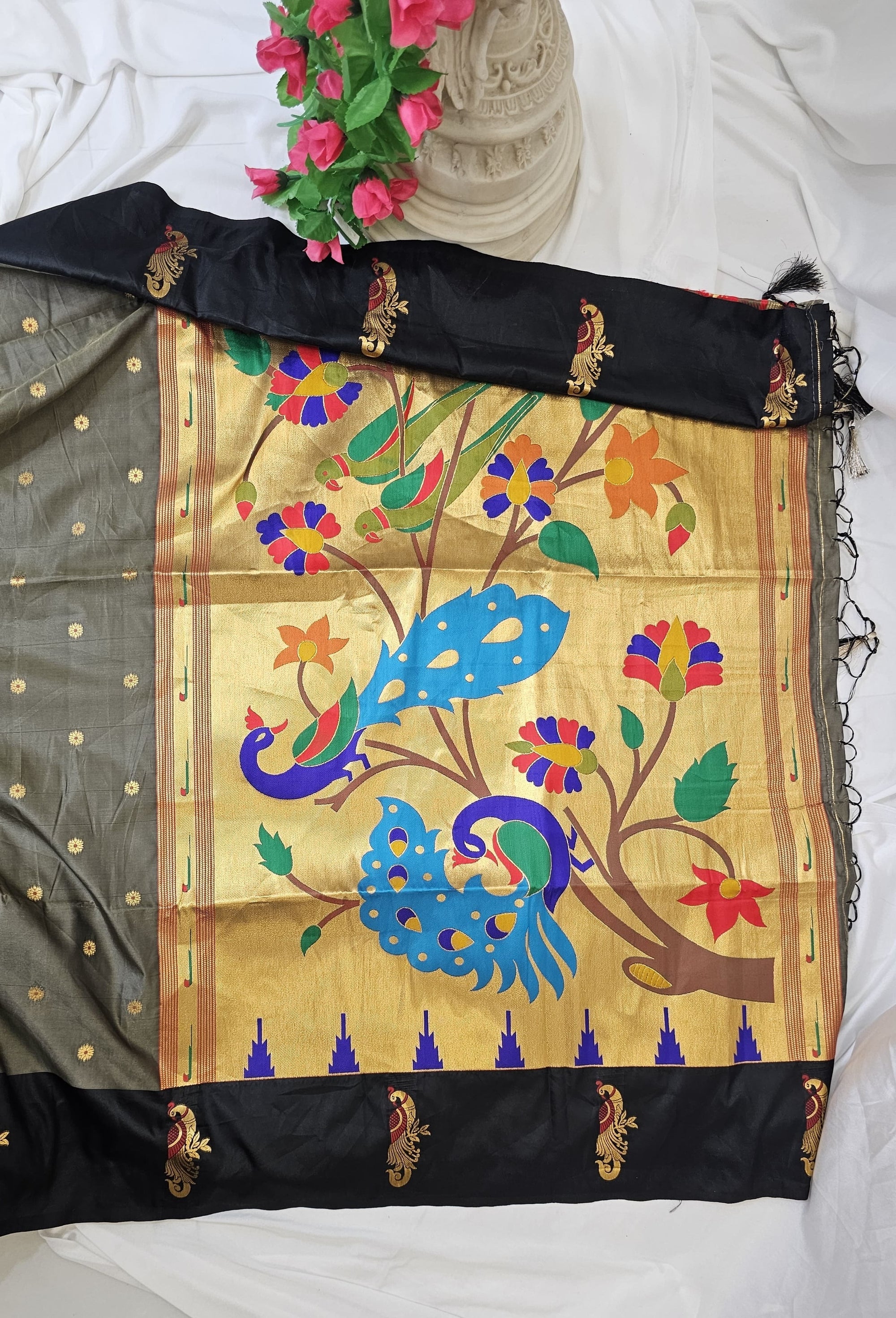 Grey Soft-Silk Paithani Saree with Black Border, Gold Zari Open Border & Peacock Pallu  Wedding & Festive Wear
