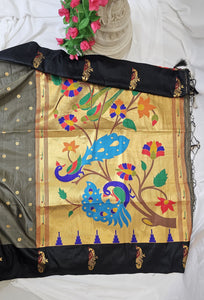 Grey Soft-Silk Paithani Saree with Black Border, Gold Zari Open Border & Peacock Pallu  Wedding & Festive Wear