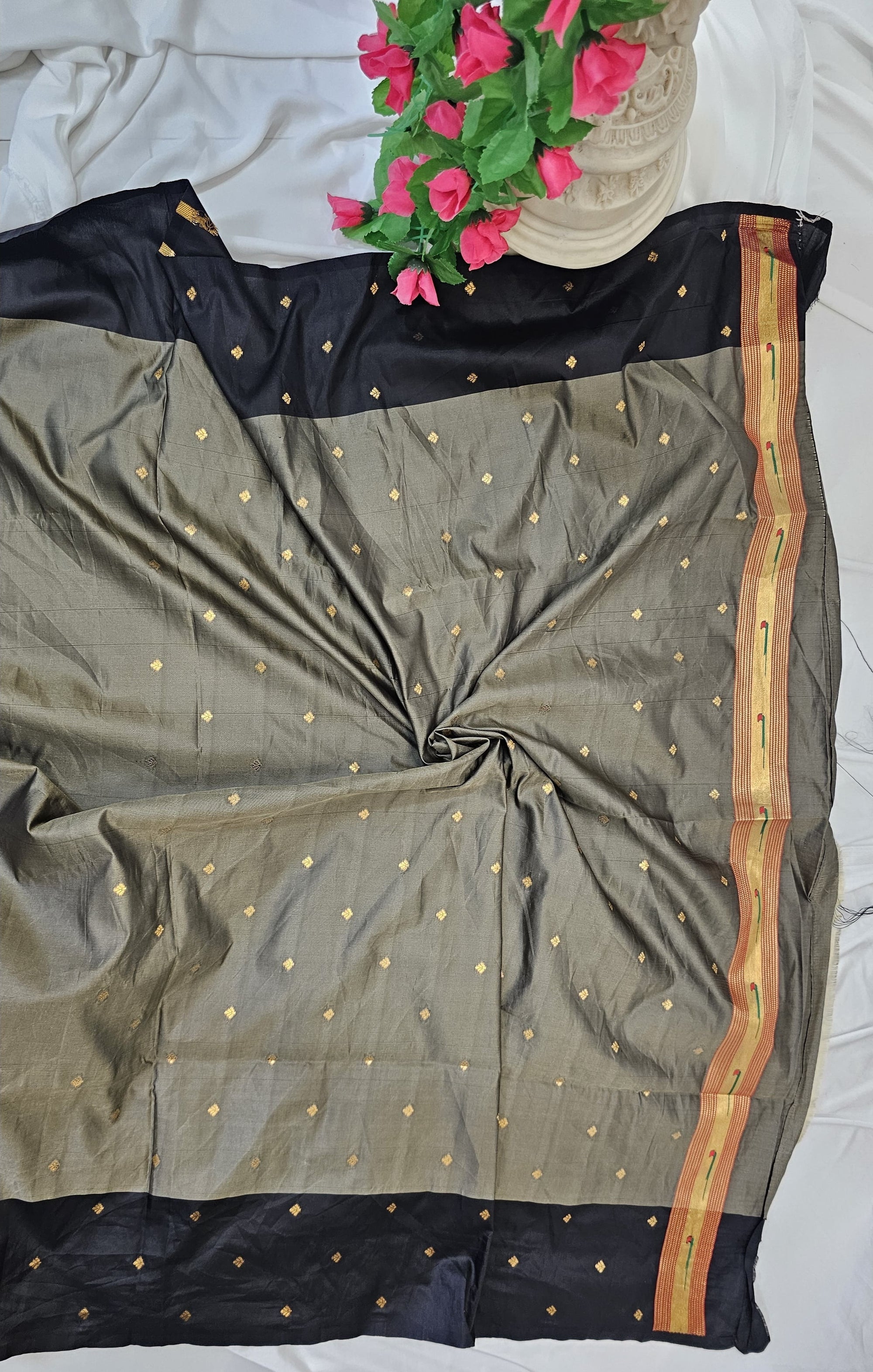 Grey Soft-Silk Paithani Saree with Black Border, Gold Zari Open Border & Peacock Pallu  Wedding & Festive Wear