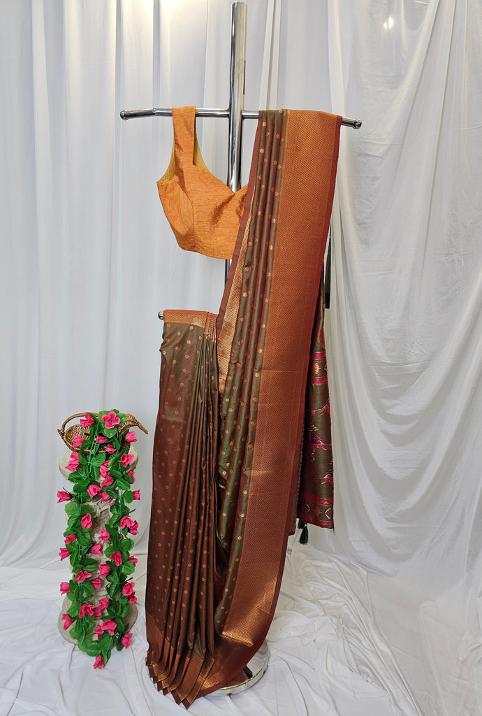 Olive Green Soft-Silk/Semi-Silk Paithani Saree with Gold Zari Peacock & Narali Border  Wedding & Festive Wear