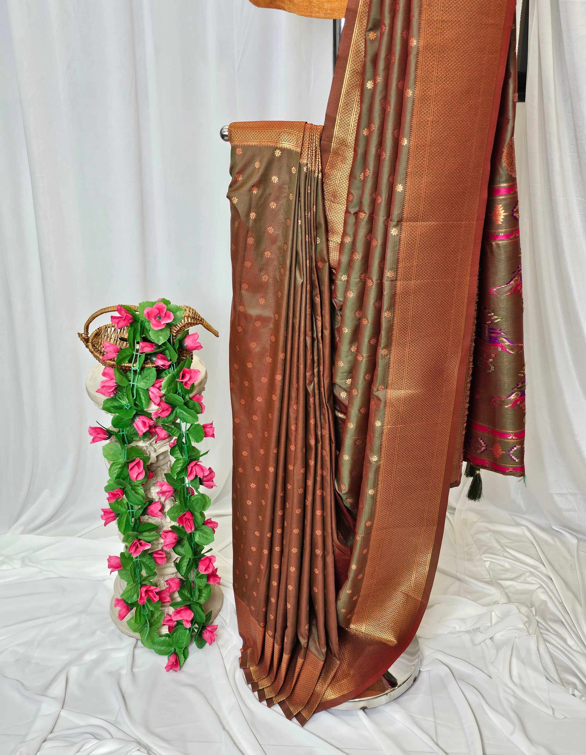 Olive Green Soft-Silk/Semi-Silk Paithani Saree with Gold Zari Peacock & Narali Border  Wedding & Festive Wear