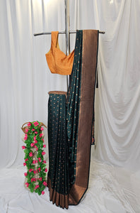 Dark Green Soft-Silk/Semi-Silk Paithani Saree with Gold Zari Peacock & Narali Border Wedding & Festive Wear