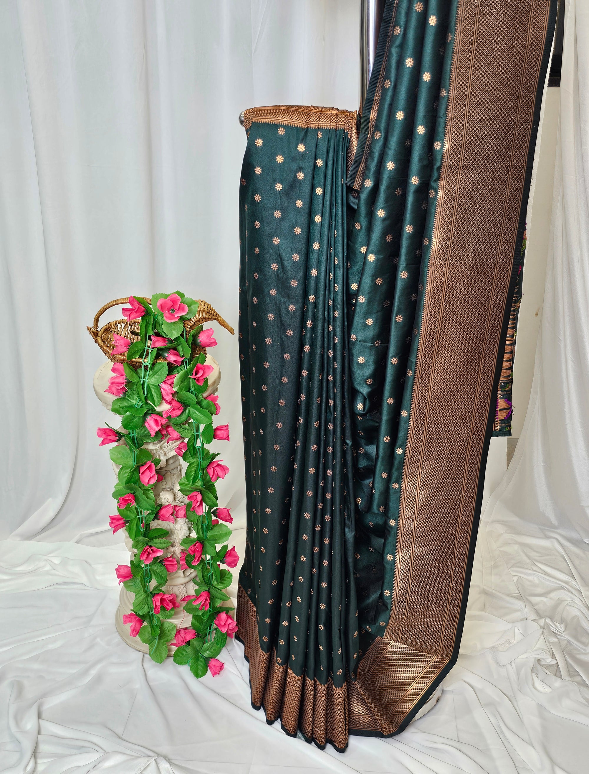 Dark Green Soft-Silk/Semi-Silk Paithani Saree with Gold Zari Peacock & Narali Border Wedding & Festive Wear
