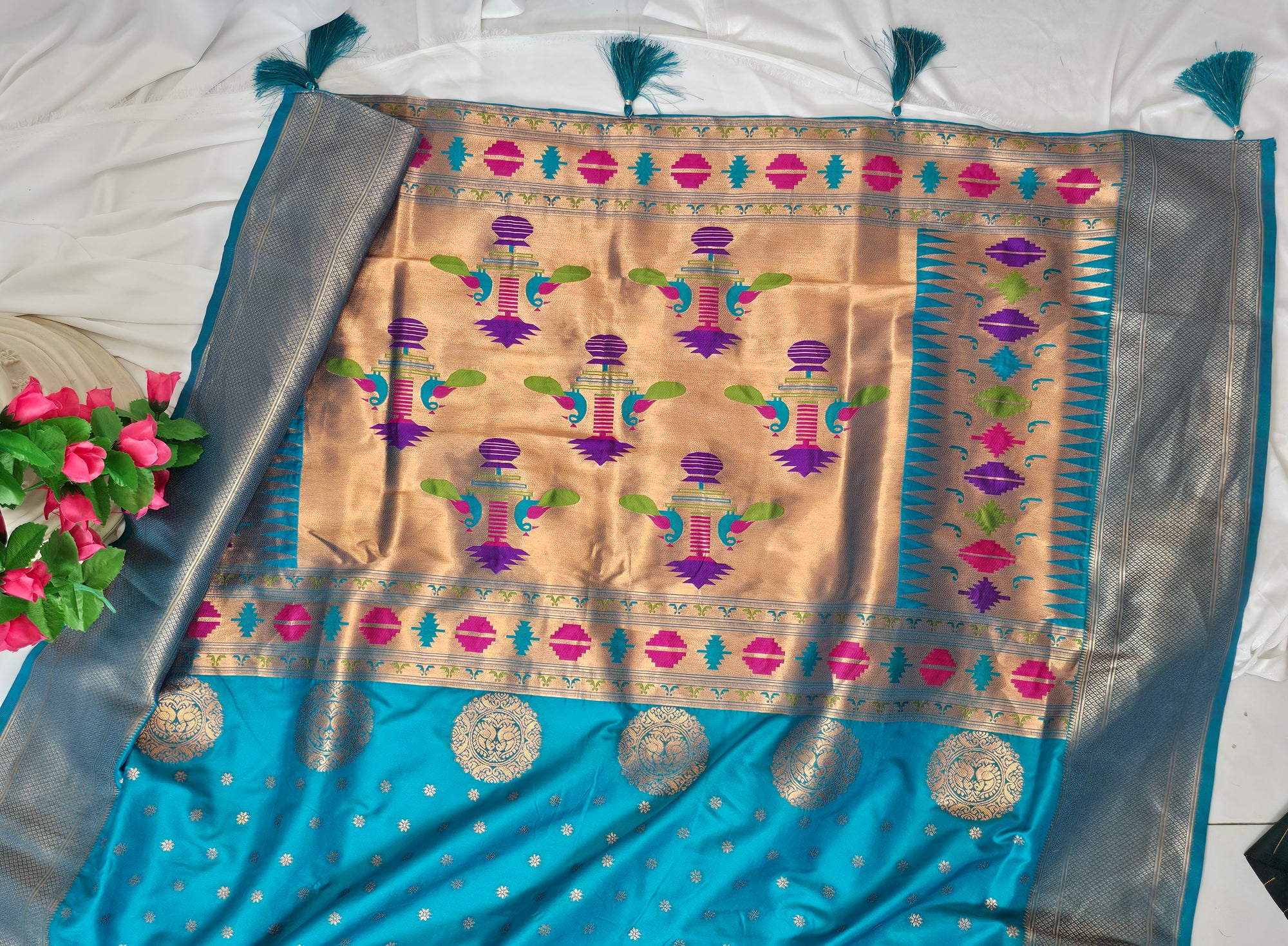 Rama Green Soft-Silk/Semi-Silk Paithani Saree with Gold Zari Peacock & Narali Border  Wedding & Festive Wear