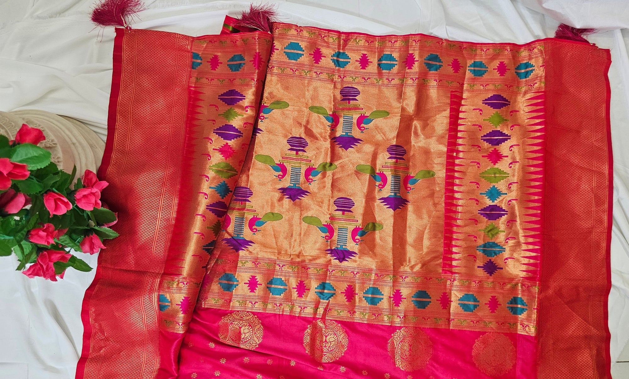 Rani Pink Soft-Silk/Semi-Silk Paithani Saree with Gold Zari Peacock & Narali Border – Wedding & Festive Wear