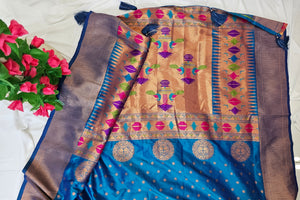 Royal Blue Soft-Silk/Semi-Silk Paithani Saree with Gold Zari Peacock & Narali Border  Wedding & Festive Wear