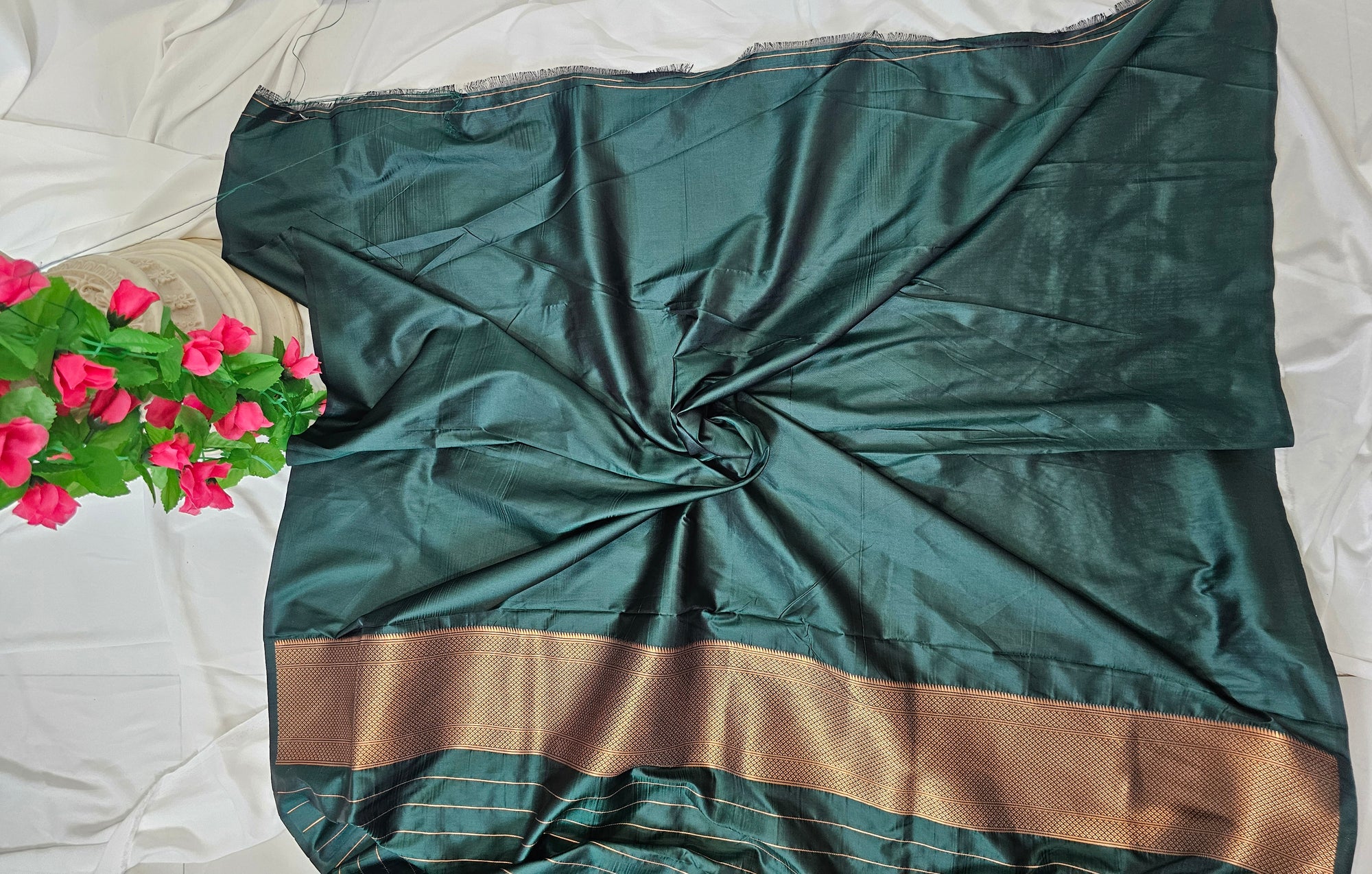 Dark Green Soft-Silk/Semi-Silk Paithani Saree with Gold Zari Peacock & Narali Border Wedding & Festive Wear