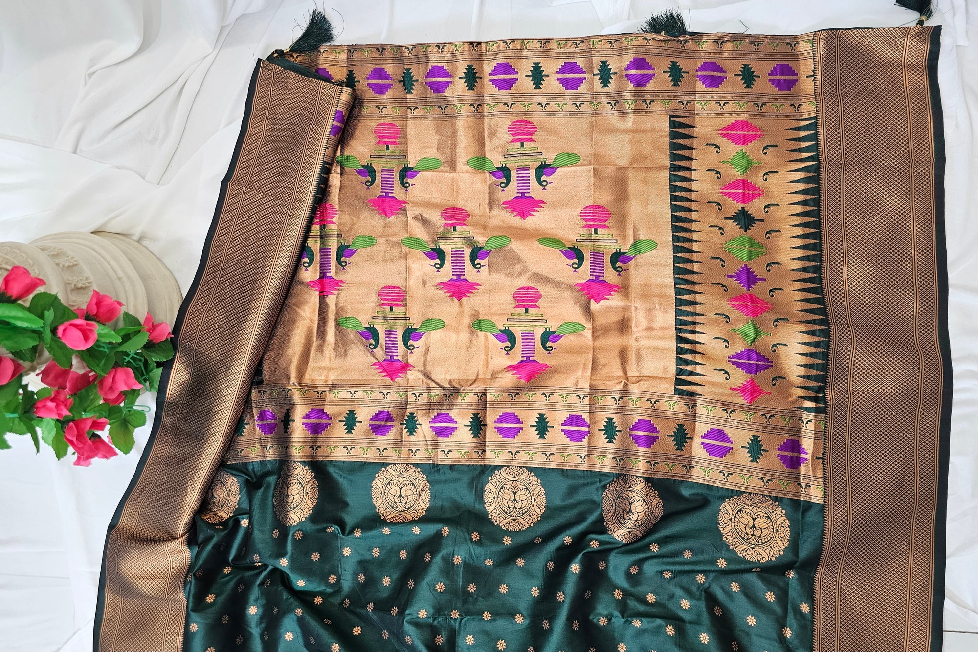 Dark Green Soft-Silk/Semi-Silk Paithani Saree with Gold Zari Peacock & Narali Border Wedding & Festive Wear