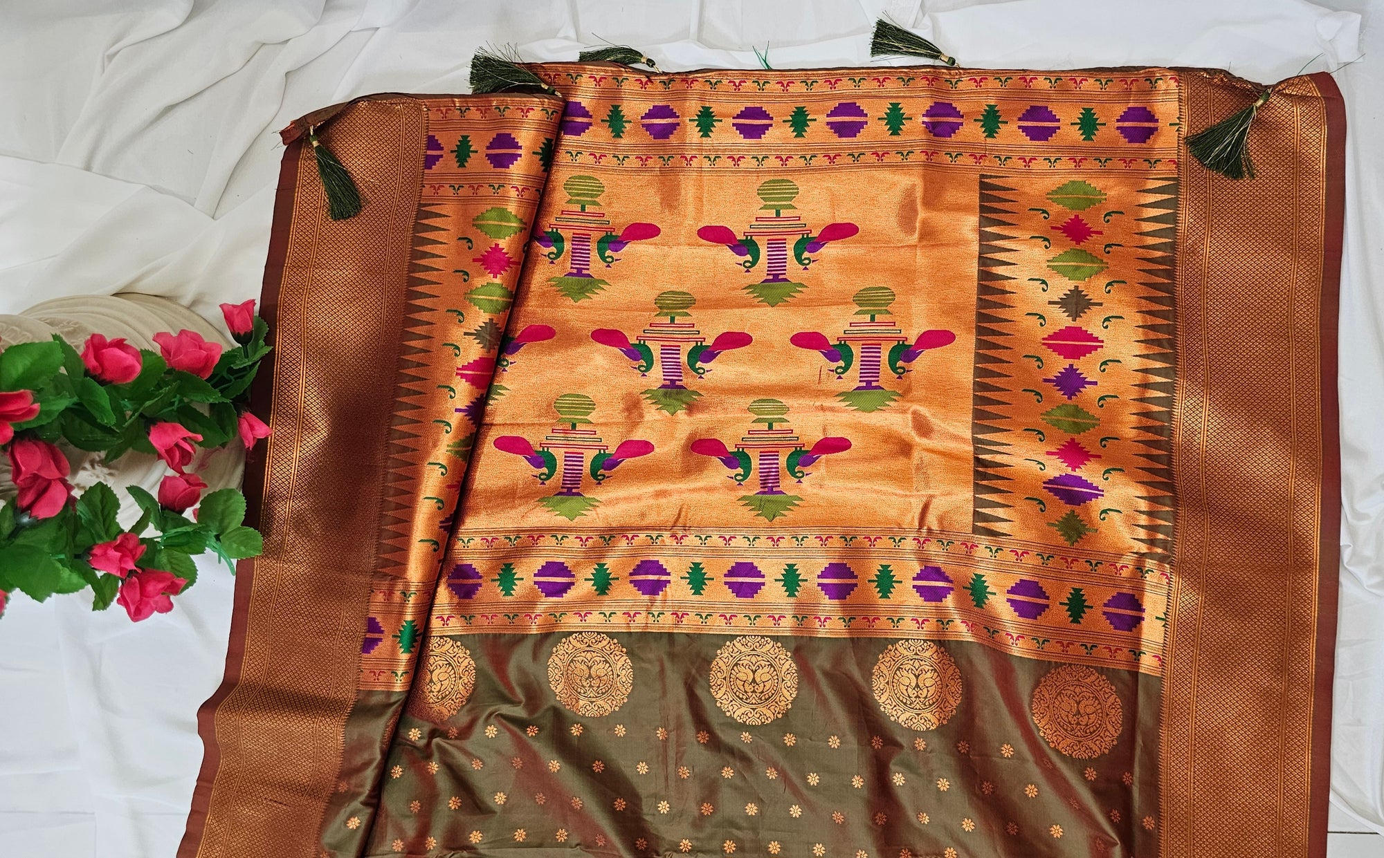 Olive Green Soft-Silk/Semi-Silk Paithani Saree with Gold Zari Peacock & Narali Border  Wedding & Festive Wear
