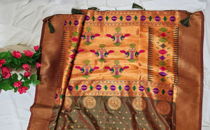 Olive Green Soft-Silk/Semi-Silk Paithani Saree with Gold Zari Peacock & Narali Border  Wedding & Festive Wear