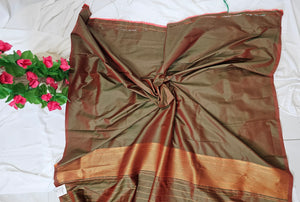 Olive Green Soft-Silk/Semi-Silk Paithani Saree with Gold Zari Peacock & Narali Border  Wedding & Festive Wear