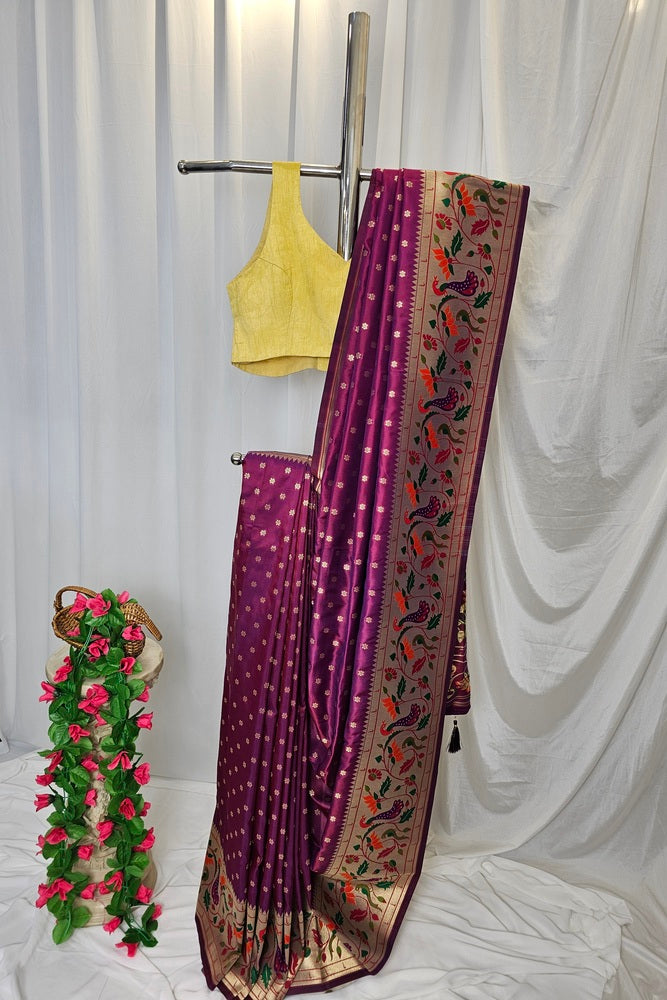 Wine Soft-Silk Paithani Saree with Gold Zari Peacock & Lotus Border and Pallu – Wedding & Festive Wear