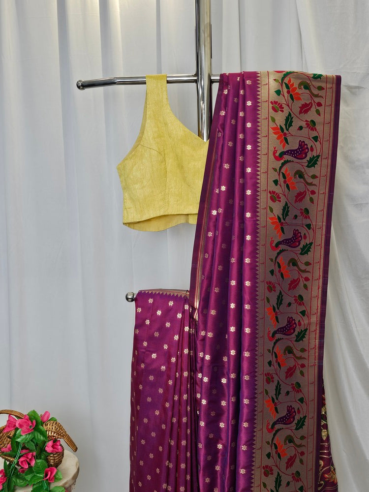 Wine Soft-Silk Paithani Saree with Gold Zari Peacock & Lotus Border and Pallu – Wedding & Festive Wear