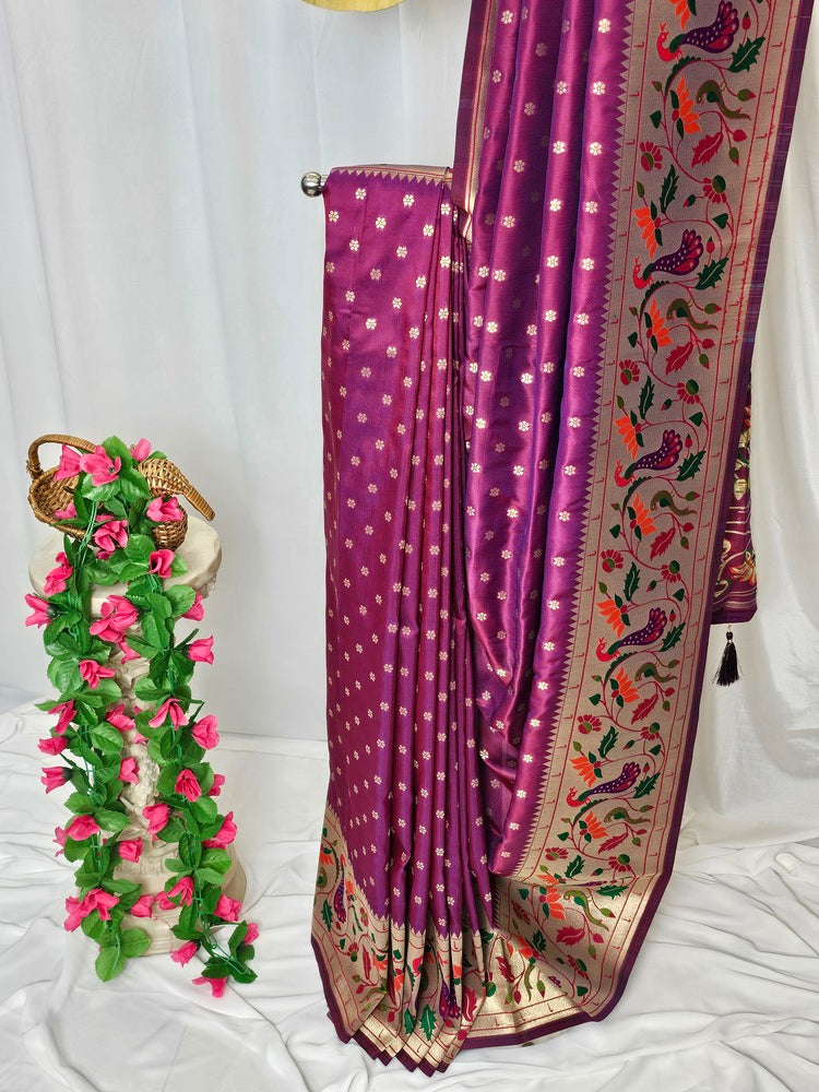 Wine Soft-Silk Paithani Saree with Gold Zari Peacock & Lotus Border and Pallu – Wedding & Festive Wear