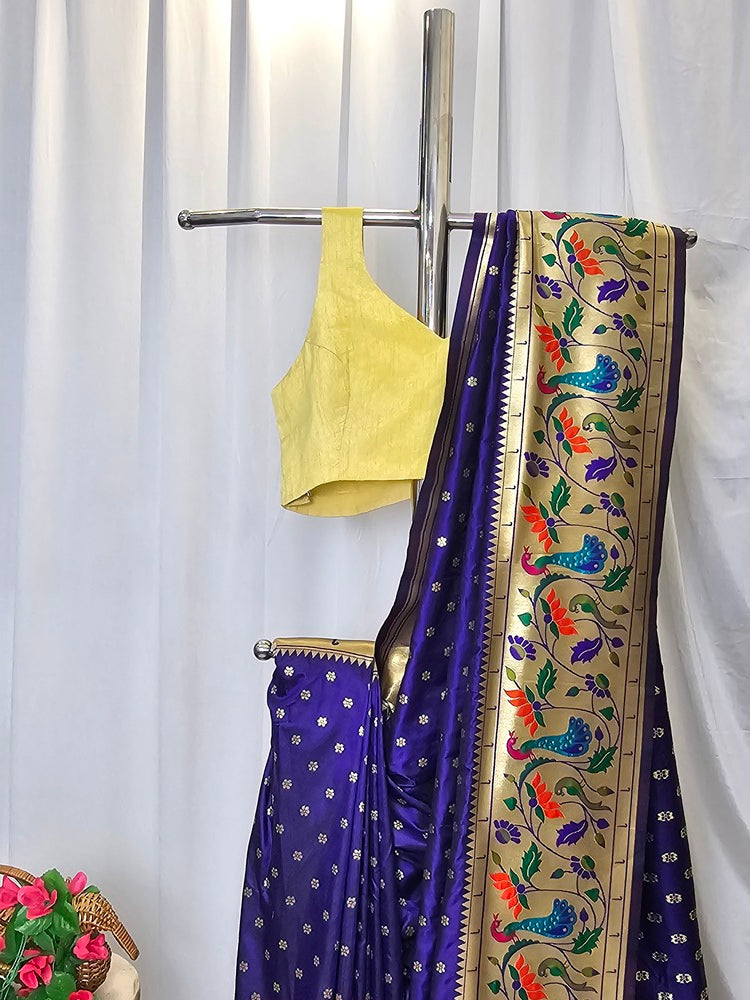 Purple Soft-Silk Paithani Saree with Gold Zari Peacock & Lotus Border and Pallu – Wedding & Festive Wear