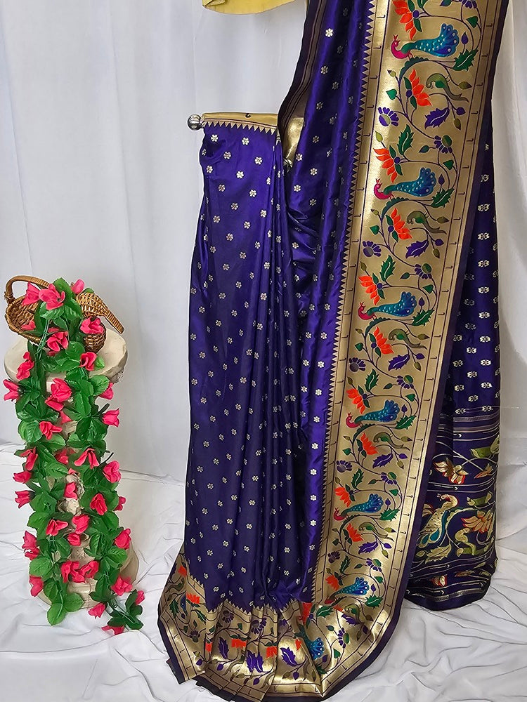 Purple Soft-Silk Paithani Saree with Gold Zari Peacock & Lotus Border and Pallu – Wedding & Festive Wear