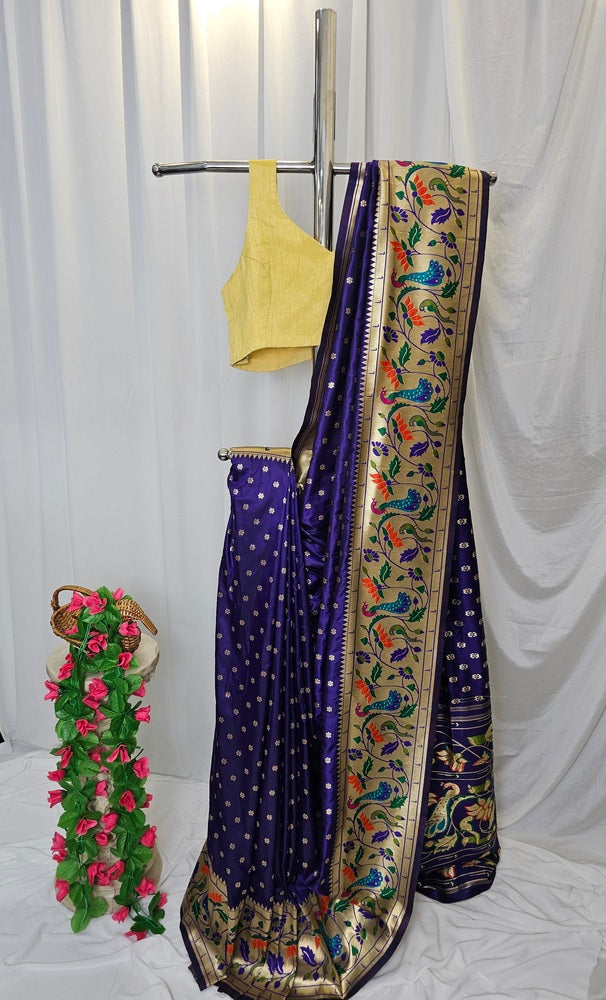 Purple Soft-Silk Paithani Saree with Gold Zari Peacock & Lotus Border and Pallu – Wedding & Festive Wear
