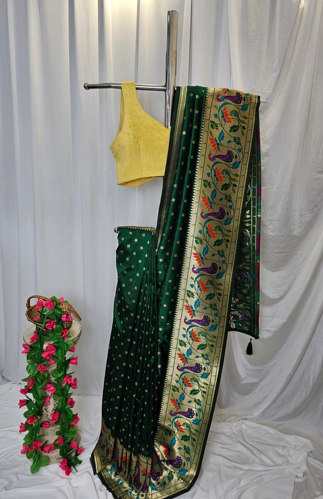 Green Soft-Silk Paithani Saree with Gold Zari Peacock & Lotus Border and Pallu – Wedding & Festive Wear