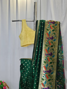 Green Soft-Silk Paithani Saree with Gold Zari Peacock & Lotus Border and Pallu – Wedding & Festive Wear
