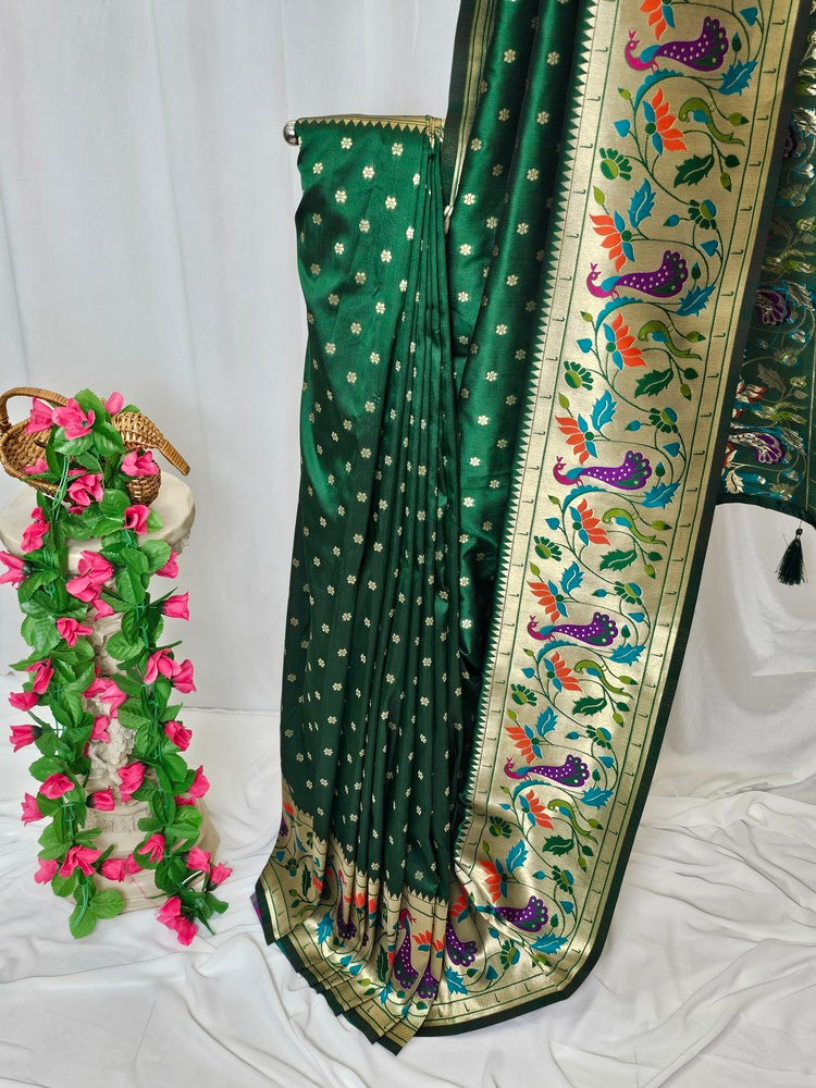 Green Soft-Silk Paithani Saree with Gold Zari Peacock & Lotus Border and Pallu – Wedding & Festive Wear