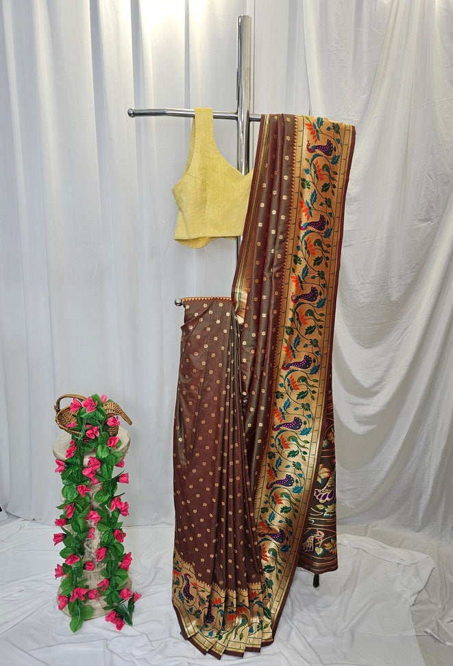 Anjiri Soft-Silk Paithani Saree with Gold Zari Peacock & Lotus Border and Pallu  Wedding & Festive Wear