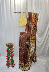 Anjiri Soft-Silk Paithani Saree with Gold Zari Peacock & Lotus Border and Pallu  Wedding & Festive Wear