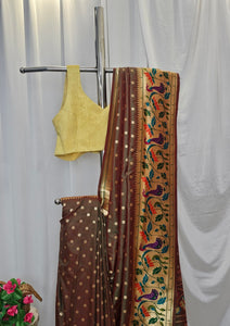 Anjiri Soft-Silk Paithani Saree with Gold Zari Peacock & Lotus Border and Pallu  Wedding & Festive Wear
