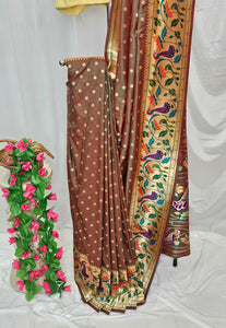 Anjiri Soft-Silk Paithani Saree with Gold Zari Peacock & Lotus Border and Pallu  Wedding & Festive Wear