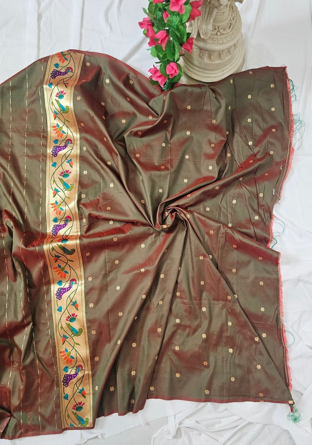 Anjiri Soft-Silk Paithani Saree with Gold Zari Peacock & Lotus Border and Pallu  Wedding & Festive Wear