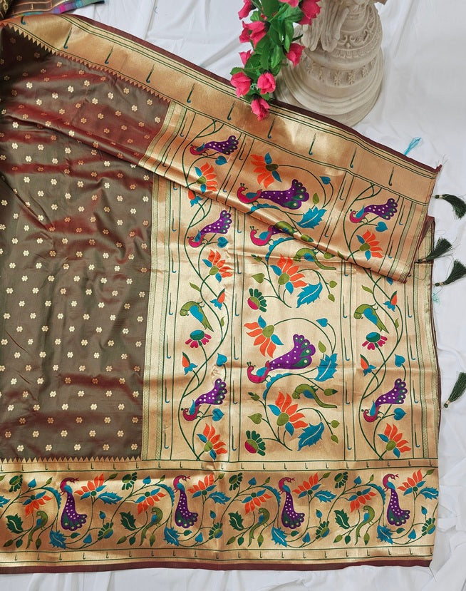Anjiri Soft-Silk Paithani Saree with Gold Zari Peacock & Lotus Border and Pallu  Wedding & Festive Wear