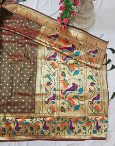 Anjiri Soft-Silk Paithani Saree with Gold Zari Peacock & Lotus Border and Pallu  Wedding & Festive Wear