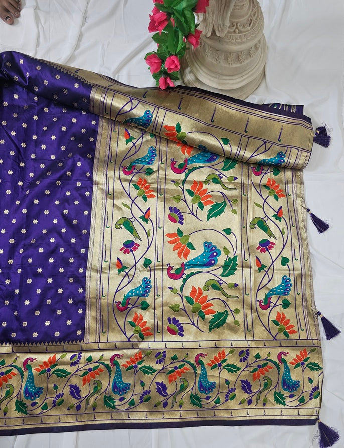 Purple Soft-Silk Paithani Saree with Gold Zari Peacock & Lotus Border and Pallu – Wedding & Festive Wear