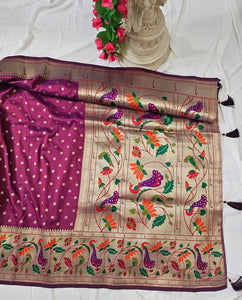 Wine Soft-Silk Paithani Saree with Gold Zari Peacock & Lotus Border and Pallu – Wedding & Festive Wear