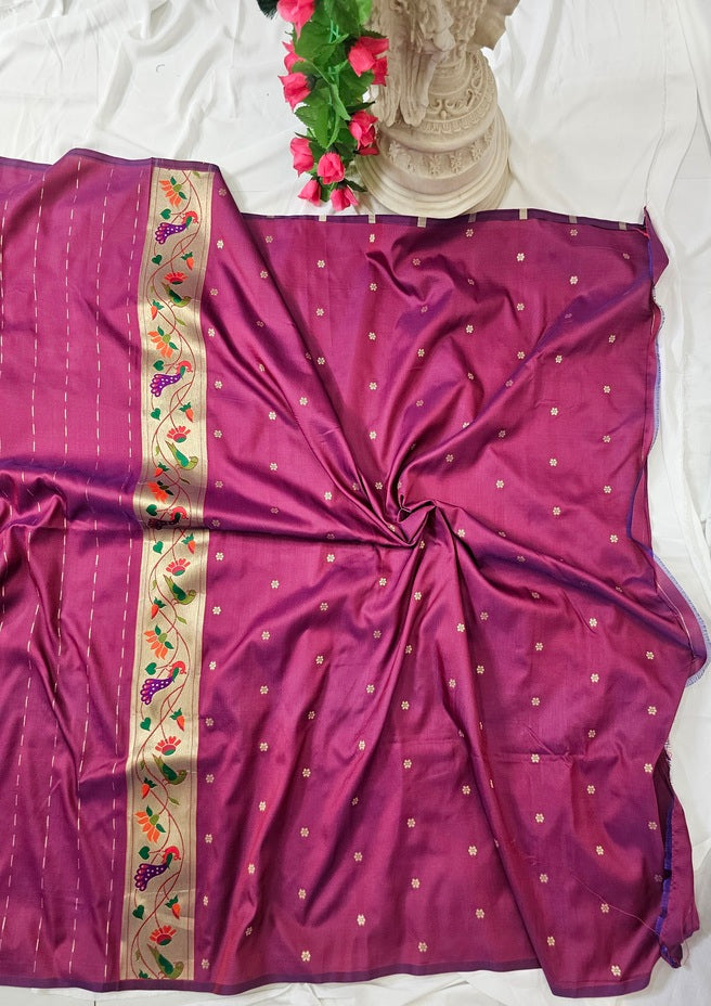 Wine Soft-Silk Paithani Saree with Gold Zari Peacock & Lotus Border and Pallu – Wedding & Festive Wear