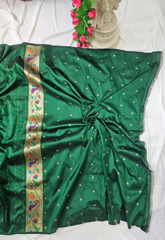 Green Soft-Silk Paithani Saree with Gold Zari Peacock & Lotus Border and Pallu – Wedding & Festive Wear