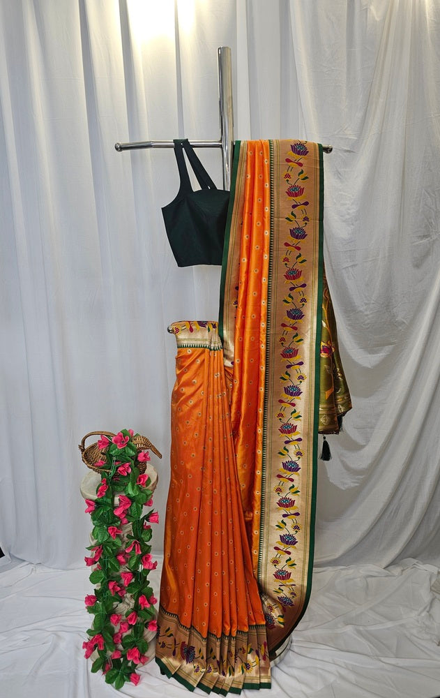 Orange Soft-Silk Paithani Saree with Gold Zari Lotus Border & Meenakari Full Butti – Wedding & Festive Wear