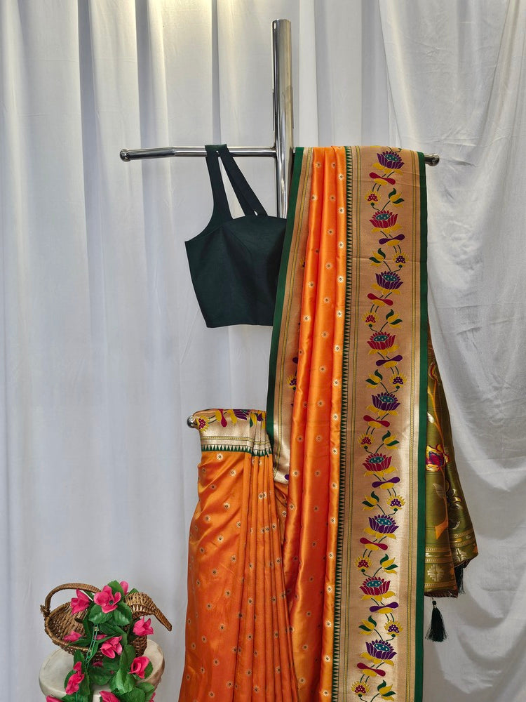 Orange Soft-Silk Paithani Saree with Gold Zari Lotus Border & Meenakari Full Butti – Wedding & Festive Wear