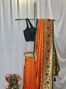 Orange Soft-Silk Paithani Saree with Gold Zari Lotus Border & Meenakari Full Butti – Wedding & Festive Wear